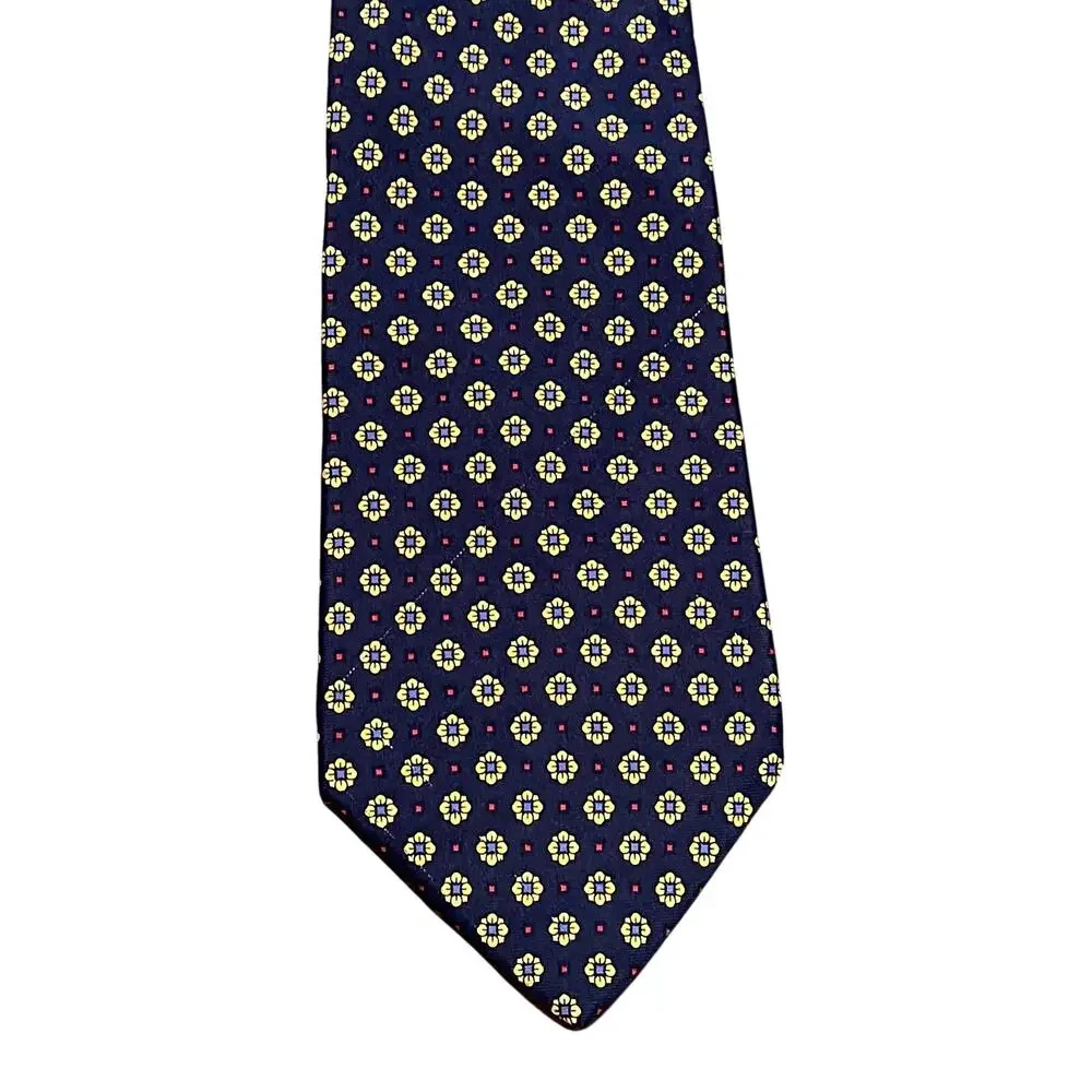 Fabio Fiorini Navy, Red Geometric Print 100% Silk Tie, Hand Made, 60